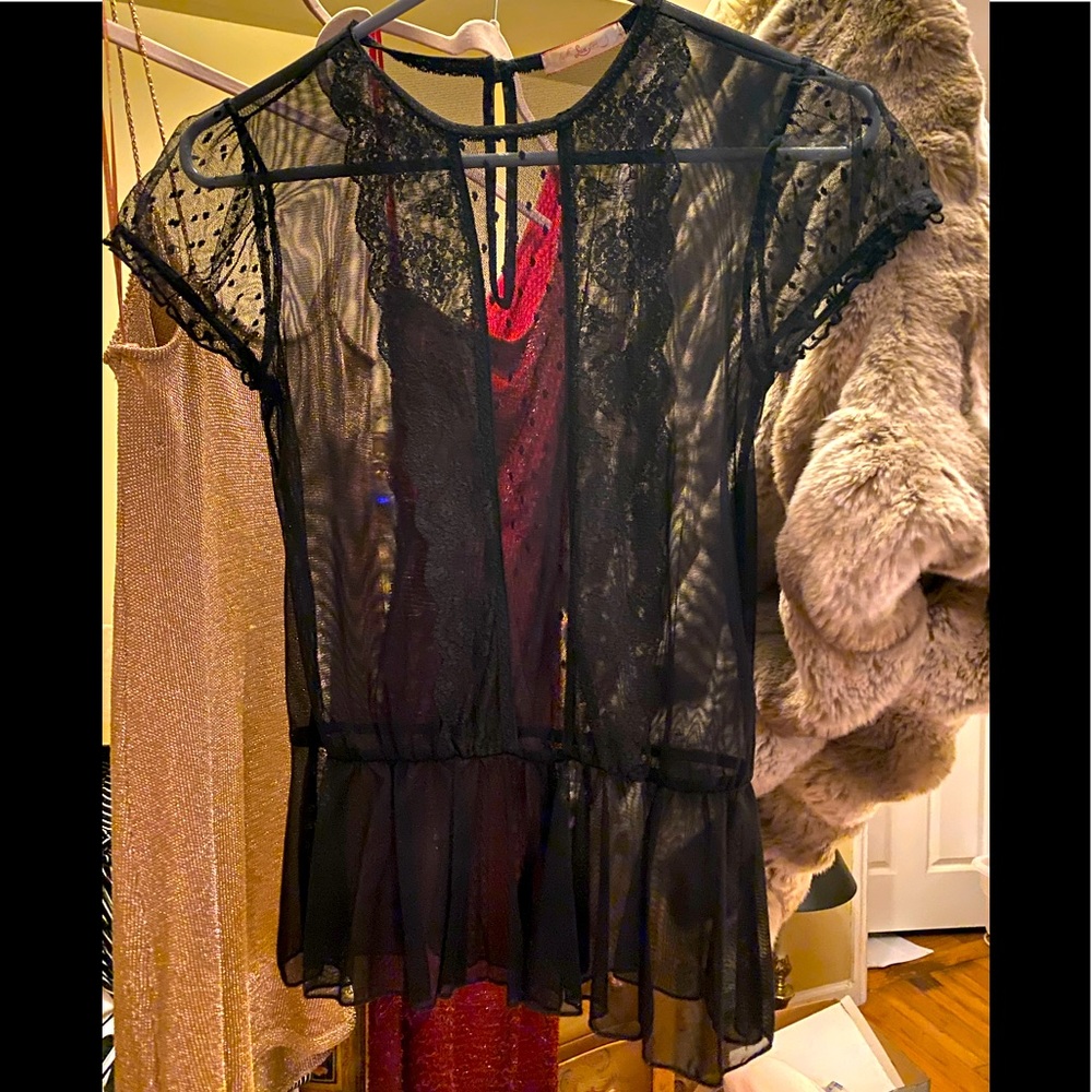 Rare LUX VTG Sheer Black Lace Peplum Cinched/Waist Cap/Sleeve Mesh Polka Dots - Picture 2 of 11